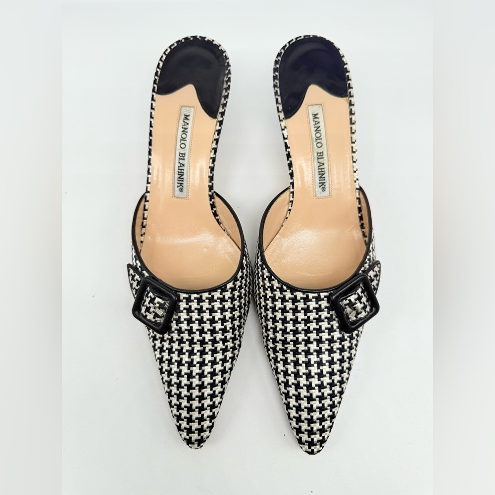 Manolo Blahnik Vintage Black White Houndstooth leather trim buckle mules EU 40 - Picture 2 of 8